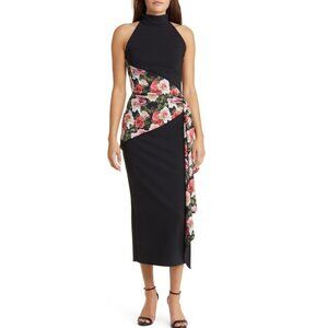 NWT $890 CHIARA BONI GUDAIRI FLORAL PANEL CASCADE DETAIL HALTER MIDI DRESS SZ 10